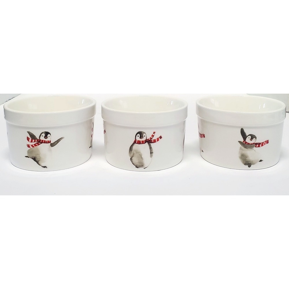 Ciroa Ramekins (3) Celebrate Christmas White Dancing Penguins in Scarves Holiday